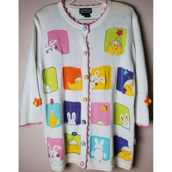 berek Sweaters - Read Berek Easter Bunny Chicks Flowers Spring Sweater 1XL Whimsical Novelty